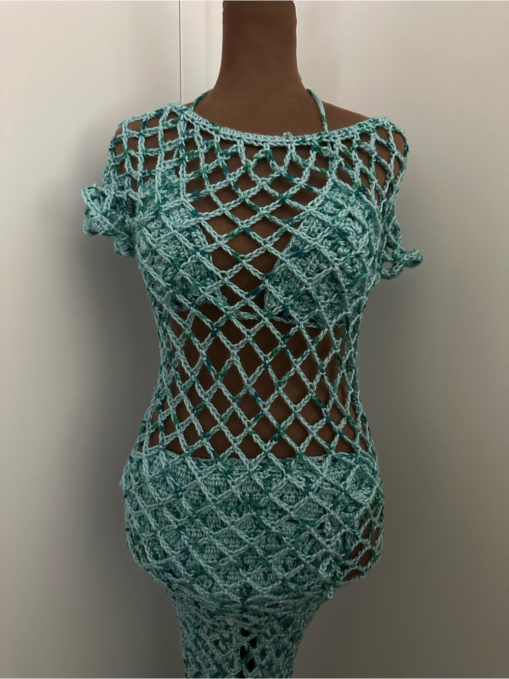 Handmade Aqua Crochet Fishnet Cover-Up and Bikini Set
